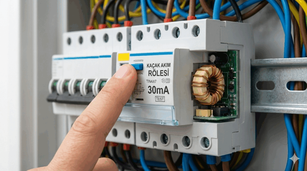 Bir elektrik panosu içinde yer alan kaçak akım rölesi ve test butonuna basan bir el. 30mA kaçak akım rölesi montajı ve teknik detaylarını gösteren yakın çekim görsel.